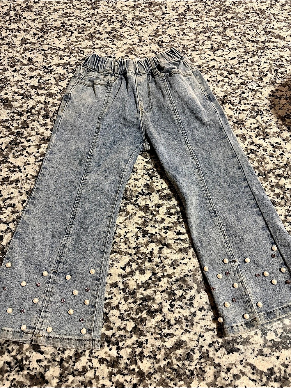 Girls boutique versatile Blue Studded Hem Jeans with elastic stretch waist